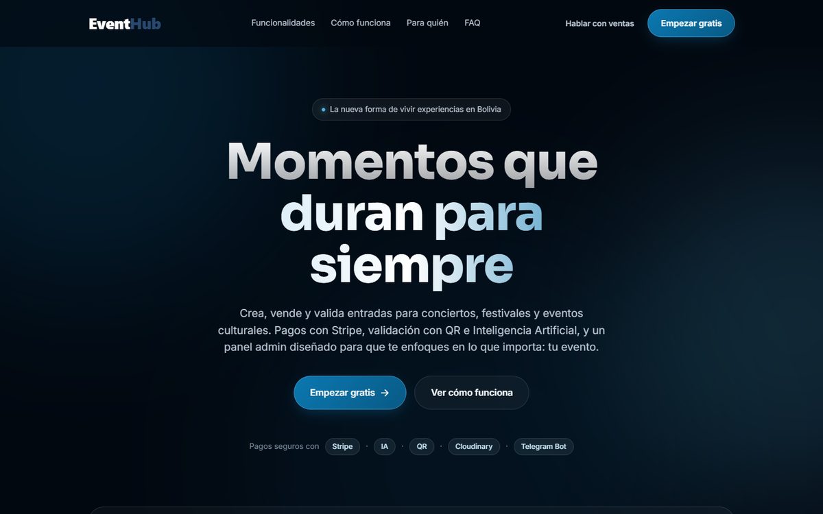 Página de inicio de EventHub, plataforma de venta de entradas